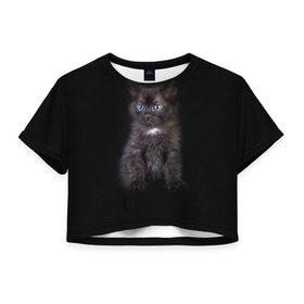 Женская футболка 3D укороченная с принтом Чёрный котёнок , 100% полиэстер | круглая горловина, длина футболки до линии талии, рукава с отворотами | киска | кот | кошка