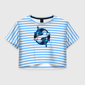 Женская футболка 3D укороченная с принтом Космические косатки , 100% полиэстер | круглая горловина, длина футболки до линии талии, рукава с отворотами | orca | sea | whale | галактика | звезды | кит | косатка | космос | море | океан