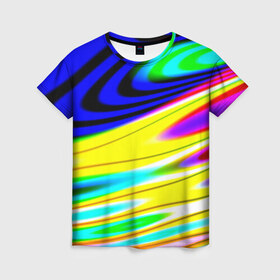 Женская футболка 3D с принтом Волны красок , 100% полиэфир ( синтетическое хлопкоподобное полотно) | прямой крой, круглый вырез горловины, длина до линии бедер | разводы | цветной | яркий