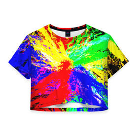 Женская футболка 3D укороченная с принтом Взрыв цветов , 100% полиэстер | круглая горловина, длина футболки до линии талии, рукава с отворотами | брызги | краски | разноцветный | яркий