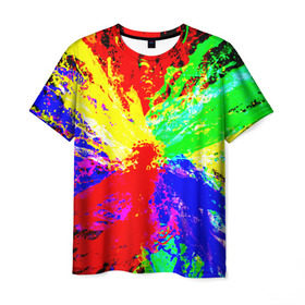 Мужская футболка 3D с принтом Взрыв цветов , 100% полиэфир | прямой крой, круглый вырез горловины, длина до линии бедер | Тематика изображения на принте: брызги | краски | разноцветный | яркий