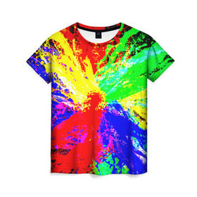 Женская футболка 3D с принтом Взрыв цветов , 100% полиэфир ( синтетическое хлопкоподобное полотно) | прямой крой, круглый вырез горловины, длина до линии бедер | брызги | краски | разноцветный | яркий