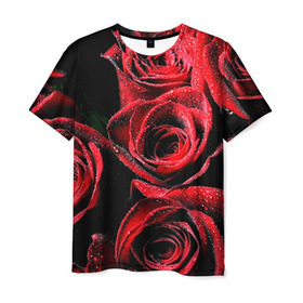 Мужская футболка 3D с принтом Розы , 100% полиэфир | прямой крой, круглый вырез горловины, длина до линии бедер | Тематика изображения на принте: алый | красный | роса | фото | цветы