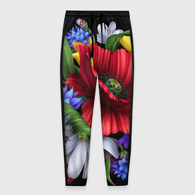 Мужские брюки 3D с принтом Композиция цветов , 100% полиэстер | манжеты по низу, эластичный пояс регулируется шнурком, по бокам два кармана без застежек, внутренняя часть кармана из мелкой сетки | композиция | мак | ромашки | цветы