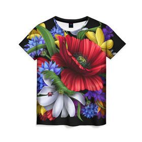 Женская футболка 3D с принтом Композиция цветов , 100% полиэфир ( синтетическое хлопкоподобное полотно) | прямой крой, круглый вырез горловины, длина до линии бедер | композиция | мак | ромашки | цветы