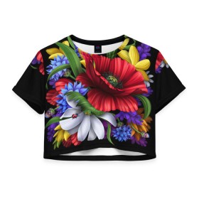 Женская футболка 3D укороченная с принтом Композиция цветов , 100% полиэстер | круглая горловина, длина футболки до линии талии, рукава с отворотами | композиция | мак | ромашки | цветы