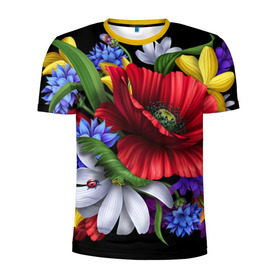 Мужская футболка 3D спортивная с принтом Композиция цветов , 100% полиэстер с улучшенными характеристиками | приталенный силуэт, круглая горловина, широкие плечи, сужается к линии бедра | композиция | мак | ромашки | цветы