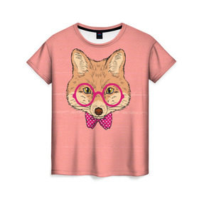 Женская футболка 3D с принтом Лиса , 100% полиэфир ( синтетическое хлопкоподобное полотно) | прямой крой, круглый вырез горловины, длина до линии бедер | бантик | белый | горошек | жёлтый | коричневый | красный | лиса в очках | оранжевый | очки | розовый | цвет