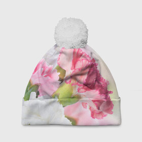 Шапка 3D c помпоном с принтом Белые и розовые цветы , 100% полиэстер | универсальный размер, печать по всей поверхности изделия | лепестки | прикольные картинки | цветочки | цветы