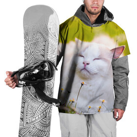 Накидка на куртку 3D с принтом Белая киса , 100% полиэстер |  | cat | киса | котенок | кошка | лето | ромашки | солнце