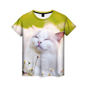 Женская футболка 3D с принтом Белая киса , 100% полиэфир ( синтетическое хлопкоподобное полотно) | прямой крой, круглый вырез горловины, длина до линии бедер | cat | киса | котенок | кошка | лето | ромашки | солнце