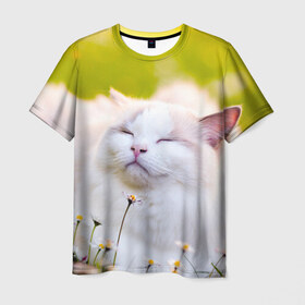 Мужская футболка 3D с принтом Белая киса , 100% полиэфир | прямой крой, круглый вырез горловины, длина до линии бедер | Тематика изображения на принте: cat | киса | котенок | кошка | лето | ромашки | солнце
