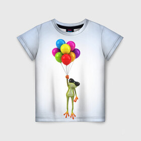 Детская футболка 3D с принтом Лягушка на воздушных шарах , 100% гипоаллергенный полиэфир | прямой крой, круглый вырез горловины, длина до линии бедер, чуть спущенное плечо, ткань немного тянется | Тематика изображения на принте: 