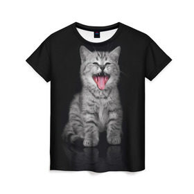 Женская футболка 3D с принтом Весёлый котик , 100% полиэфир ( синтетическое хлопкоподобное полотно) | прямой крой, круглый вырез горловины, длина до линии бедер | кот | кошка | прикол