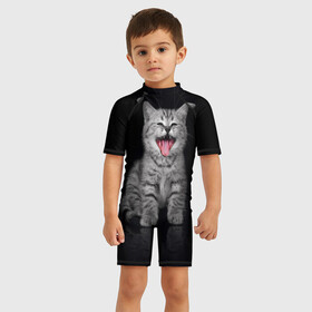 Детский купальный костюм 3D с принтом Весёлый котик , Полиэстер 85%, Спандекс 15% | застежка на молнии на спине | кот | кошка | прикол