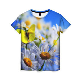 Женская футболка 3D с принтом Ромашки и бабочка , 100% полиэфир ( синтетическое хлопкоподобное полотно) | прямой крой, круглый вырез горловины, длина до линии бедер | бабочки | лето | природа | ромашки | цветы