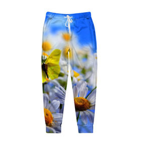 Мужские брюки 3D с принтом Ромашки и бабочка , 100% полиэстер | манжеты по низу, эластичный пояс регулируется шнурком, по бокам два кармана без застежек, внутренняя часть кармана из мелкой сетки | бабочки | лето | природа | ромашки | цветы