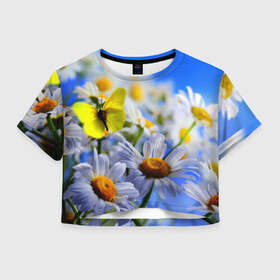 Женская футболка 3D укороченная с принтом Ромашки и бабочка , 100% полиэстер | круглая горловина, длина футболки до линии талии, рукава с отворотами | бабочки | лето | природа | ромашки | цветы