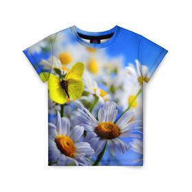 Детская футболка 3D с принтом Ромашки и бабочка , 100% гипоаллергенный полиэфир | прямой крой, круглый вырез горловины, длина до линии бедер, чуть спущенное плечо, ткань немного тянется | Тематика изображения на принте: бабочки | лето | природа | ромашки | цветы