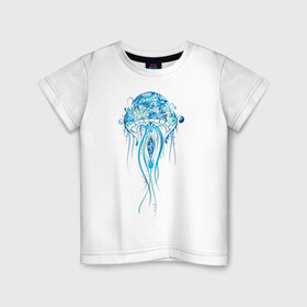 Детская футболка хлопок с принтом Синяя медуза , 100% хлопок | круглый вырез горловины, полуприлегающий силуэт, длина до линии бедер | красота | медуза | море | рисунок | синий | стиль | щупальца