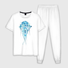 Мужская пижама хлопок с принтом Синяя медуза , 100% хлопок | брюки и футболка прямого кроя, без карманов, на брюках мягкая резинка на поясе и по низу штанин
 | красота | медуза | море | рисунок | синий | стиль | щупальца