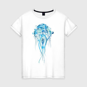 Женская футболка хлопок с принтом Синяя медуза , 100% хлопок | прямой крой, круглый вырез горловины, длина до линии бедер, слегка спущенное плечо | красота | медуза | море | рисунок | синий | стиль | щупальца