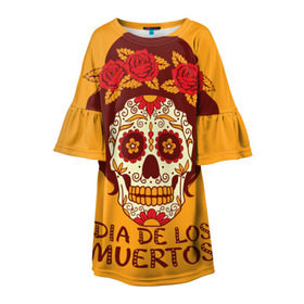 Детское платье 3D с принтом Мексиканский череп , 100% полиэстер | прямой силуэт, чуть расширенный к низу. Круглая горловина, на рукавах — воланы | cobwebs | color | day of the dead | dead | death | eyes | girl | holiday | makeup | mask | mexican skull | mexico | ornament | pattern | взгляд | девушка | день мертвых | макияж | маска | мексика | мексиканский череп | мертвецов | орнамент | паутина | пра