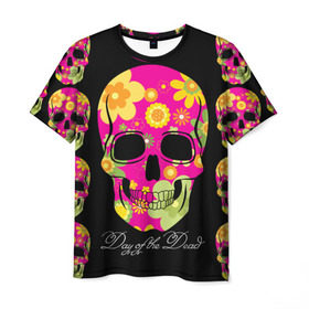 Мужская футболка 3D с принтом Мексиканский череп , 100% полиэфир | прямой крой, круглый вырез горловины, длина до линии бедер | день мертвыхэ | мексика | разноцветный | традция | узоры | цветы | яркий
