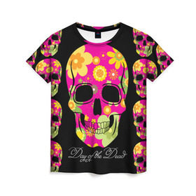 Женская футболка 3D с принтом Мексиканский череп , 100% полиэфир ( синтетическое хлопкоподобное полотно) | прямой крой, круглый вырез горловины, длина до линии бедер | день мертвыхэ | мексика | разноцветный | традция | узоры | цветы | яркий