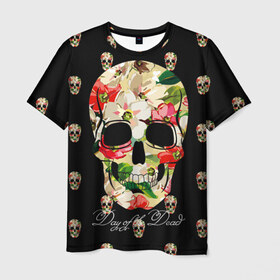Мужская футболка 3D с принтом Мексиканский череп , 100% полиэфир | прямой крой, круглый вырез горловины, длина до линии бедер | день мертвых | мексика | паттерн | темный | традция | узоры | цветочный | цветы