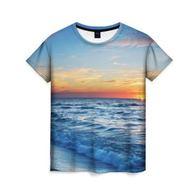 Женская футболка 3D с принтом Море на закате , 100% полиэфир ( синтетическое хлопкоподобное полотно) | прямой крой, круглый вырез горловины, длина до линии бедер | волны | закат | море | небо | облака | пейзаж | пляж