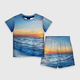 Детский костюм с шортами 3D с принтом Море на закате ,  |  | волны | закат | море | небо | облака | пейзаж | пляж