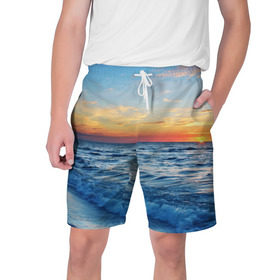 Мужские шорты 3D с принтом Море на закате ,  полиэстер 100% | прямой крой, два кармана без застежек по бокам. Мягкая трикотажная резинка на поясе, внутри которой широкие завязки. Длина чуть выше колен | волны | закат | море | небо | облака | пейзаж | пляж