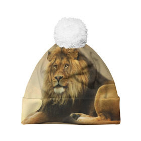 Шапка 3D c помпоном с принтом Величиственый лев , 100% полиэстер | универсальный размер, печать по всей поверхности изделия | царь зверей