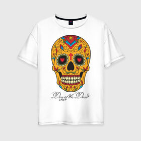 Женская футболка хлопок Oversize с принтом Мексиканский череп , 100% хлопок | свободный крой, круглый ворот, спущенный рукав, длина до линии бедер
 | color | day of the dead | dead | death | halloween | holiday | mexican skull | mexico | ornament | pattern | день мертвых | мексика | мексиканский череп | мертвецов | орнамент | праздник | узоры | хэллоуин | цветы