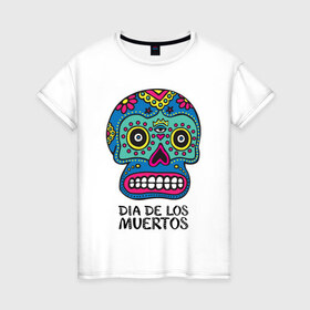 Женская футболка хлопок с принтом Мексиканский череп , 100% хлопок | прямой крой, круглый вырез горловины, длина до линии бедер, слегка спущенное плечо | 