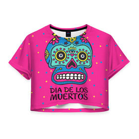 Женская футболка 3D укороченная с принтом Мексиканский череп , 100% полиэстер | круглая горловина, длина футболки до линии талии, рукава с отворотами | день мертвыхб сахарный череп | мексика | традиция | узоры | цветы