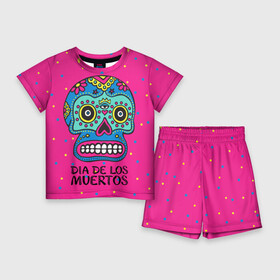 Детский костюм с шортами 3D с принтом Мексиканский череп ,  |  | Тематика изображения на принте: день мертвыхб сахарный череп | мексика | традиция | узоры | цветы
