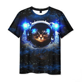 Мужская футболка 3D с принтом Кот космонавт , 100% полиэфир | прямой крой, круглый вырез горловины, длина до линии бедер | Тематика изображения на принте: звёздное небо | космос | кот | кошка | прикольные картинки