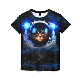 Женская футболка 3D с принтом Кот космонавт , 100% полиэфир ( синтетическое хлопкоподобное полотно) | прямой крой, круглый вырез горловины, длина до линии бедер | звёздное небо | космос | кот | кошка | прикольные картинки