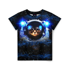 Детская футболка 3D с принтом Кот космонавт , 100% гипоаллергенный полиэфир | прямой крой, круглый вырез горловины, длина до линии бедер, чуть спущенное плечо, ткань немного тянется | звёздное небо | космос | кот | кошка | прикольные картинки
