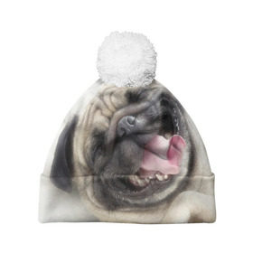 Шапка 3D c помпоном с принтом Смешная собачка , 100% полиэстер | универсальный размер, печать по всей поверхности изделия | прикол | смешная | смешно | собака | язык