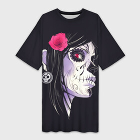 Платье-футболка 3D с принтом День мертвецов ,  |  | Тематика изображения на принте: mexi | день мертвых | мексика | мексиканский череп | мертвецов | орнамент | праздник | узоры | цветы