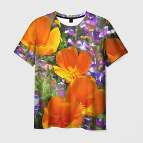 Мужская футболка 3D с принтом Оранжевые цветы , 100% полиэфир | прямой крой, круглый вырез горловины, длина до линии бедер | лепестки | прикольные картинки | цветочки | цветы