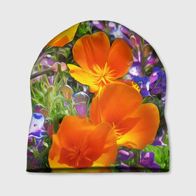 Шапка 3D с принтом Оранжевые цветы , 100% полиэстер | универсальный размер, печать по всей поверхности изделия | лепестки | прикольные картинки | цветочки | цветы