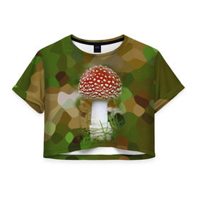 Женская футболка 3D укороченная с принтом Мухоморчик , 100% полиэстер | круглая горловина, длина футболки до линии талии, рукава с отворотами | гриб | камуфляж | лес | мухомор | поганка | яд | ядовитый
