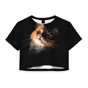 Женская футболка 3D укороченная с принтом Зеленоглазый котёнок , 100% полиэстер | круглая горловина, длина футболки до линии талии, рукава с отворотами | Тематика изображения на принте: кот | кошка | прикольные картинки