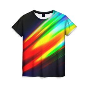 Женская футболка 3D с принтом Цветные блики , 100% полиэфир ( синтетическое хлопкоподобное полотно) | прямой крой, круглый вырез горловины, длина до линии бедер | dance | klub | линии | танцы блики | цвет