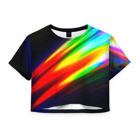 Женская футболка 3D укороченная с принтом Цветные блики , 100% полиэстер | круглая горловина, длина футболки до линии талии, рукава с отворотами | dance | klub | линии | танцы блики | цвет
