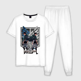 Мужская пижама хлопок с принтом Attack on Titan - Eren & Levi , 100% хлопок | брюки и футболка прямого кроя, без карманов, на брюках мягкая резинка на поясе и по низу штанин
 | attack on titan | eren | levi